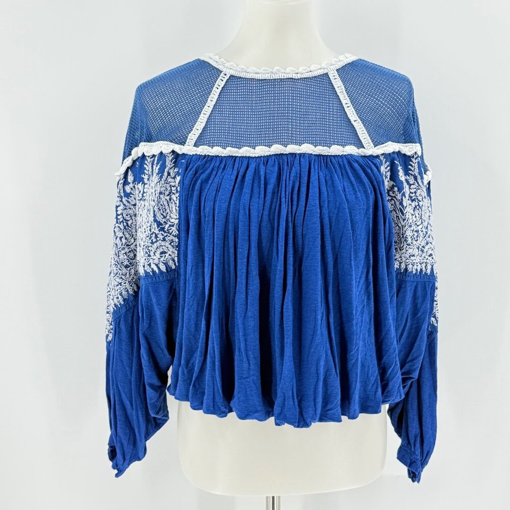 Free People Blue Embroidered Mesh Boho Top S